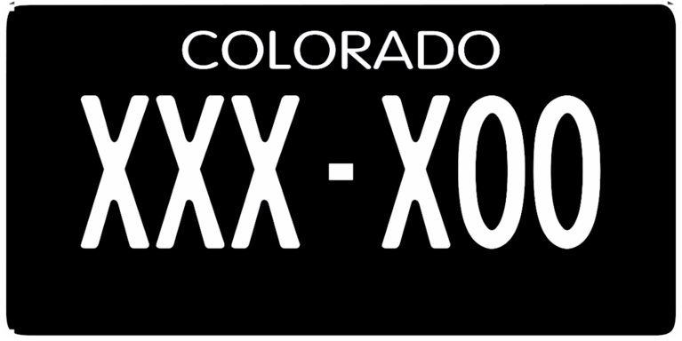 Solid Black license plate with COLORADO at the top and the configuration XXX-X00 in white based on the 1945 Colorado license plate