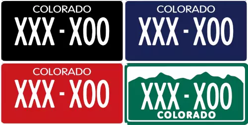 Four Colorado license plates with the configuration XXX-X00 in white on black, blue, red, and green backgrounds.