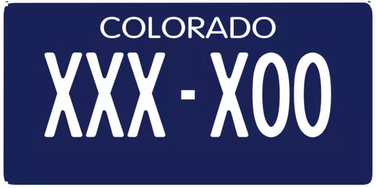Solid Blue license plate with COLORADO at the top and the configuration XXX-X00 in white based on the 1914 Colorado license plate