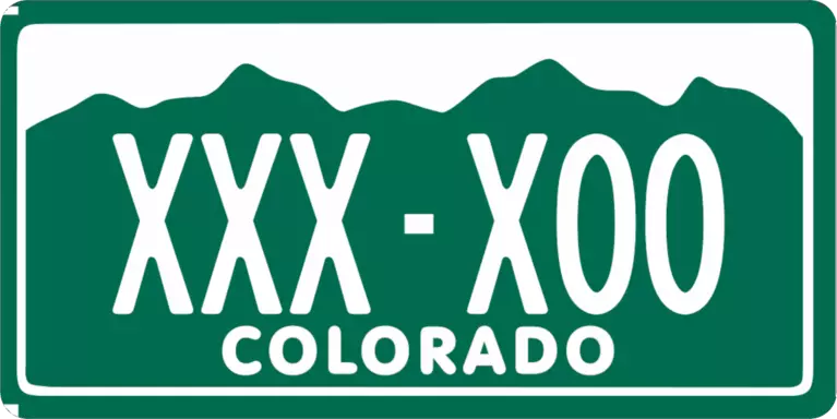 Green mountains with white sky license plate with COLORADO at the bottom and the configuration XXX-X00 in white based on the 1962-1999 Colorado license plate