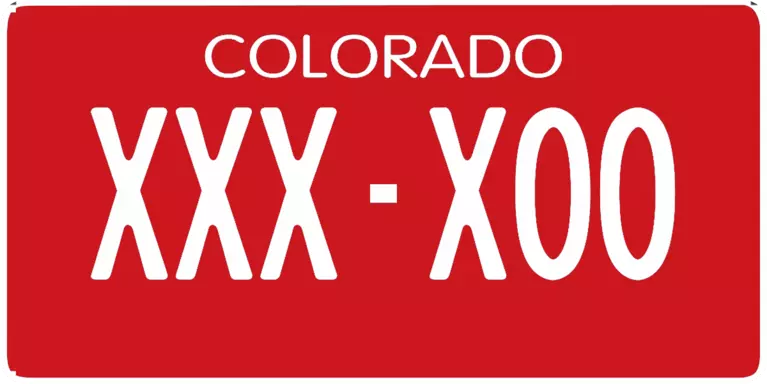 Solid Red license plate with COLORADO at the top and the configuration XXX-X00 in white based on the 1915 Visitor Colorado license plate